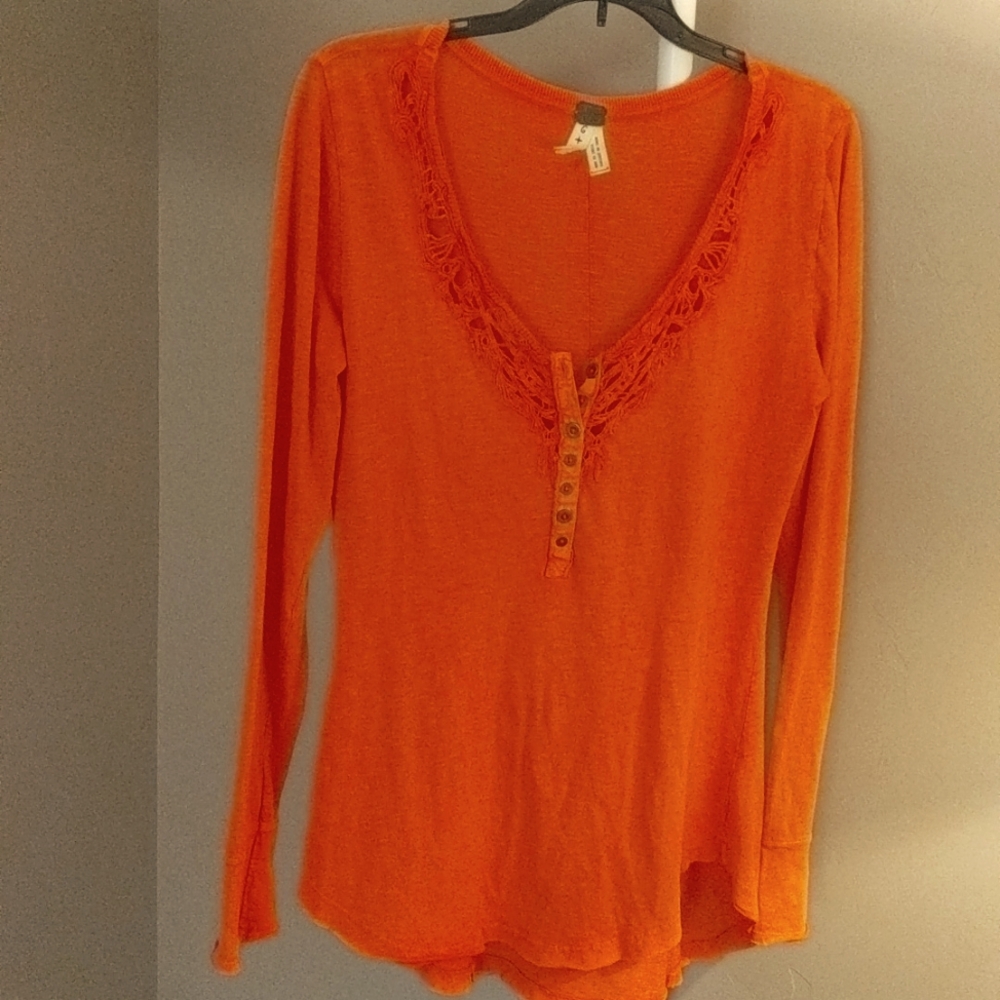 We The Free Orange crocheted long sleeve cotton top